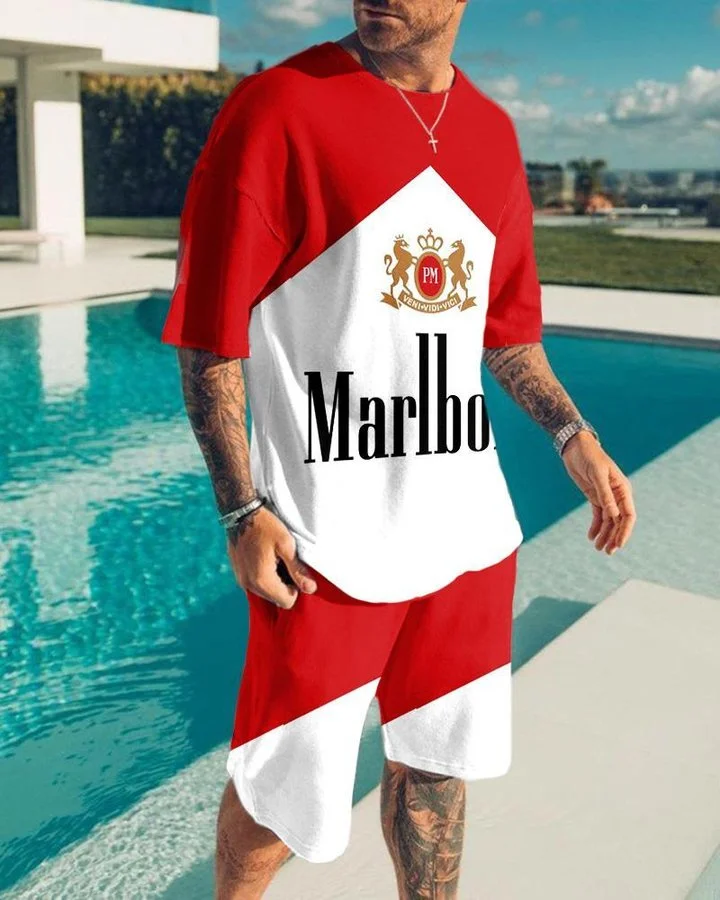 Summer Men's Tracksuit Stitching Stripes Pattern T-Shirt Shorts Set Vintage Outfit Casual Suit Male Oversized Street Clothing