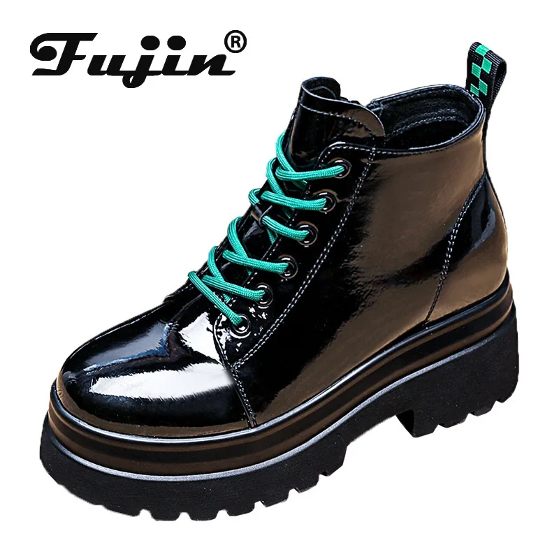 

Fujin 7cm Cool British Microfiber Ankle Booties Patent Leather Platform Women Female Spring Autumn Lace Up Zipper Non Slip Shoes