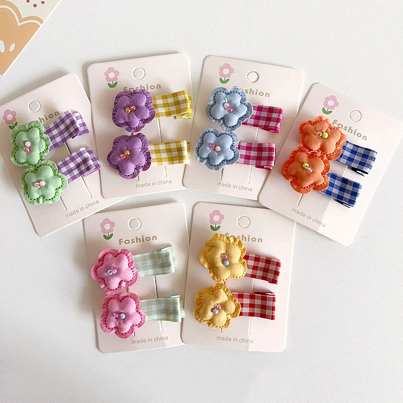 

2Pcs Cotton Hairpin Baby Plaid Flower Hairclips Candy Color Hooks For Girls Princess Hair Pins Kids BB Clips Toddler Accessories