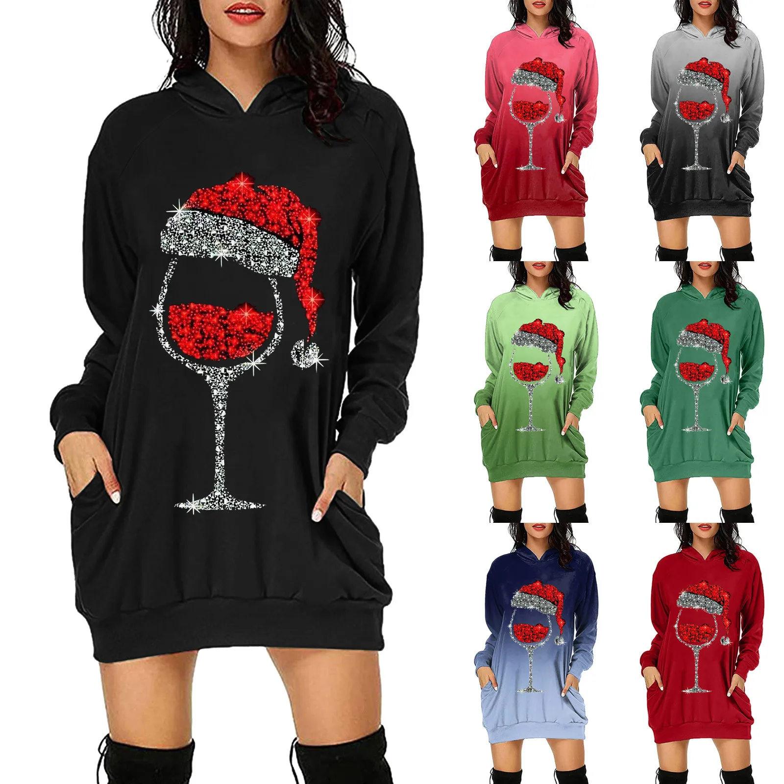 

Women Casual Long Sleeve Hooded Sweatshirt Pocket Pullover Dress Christmas Dress Sweatshirts Women No Hood