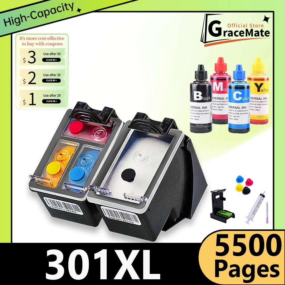 

301XL Deskjet 1010 1012 1050 2050 3050 2150 1510 2540 3050a 3051a Printer Ink Cartridge Replacement for HP 301 XL hp301 hp301xl