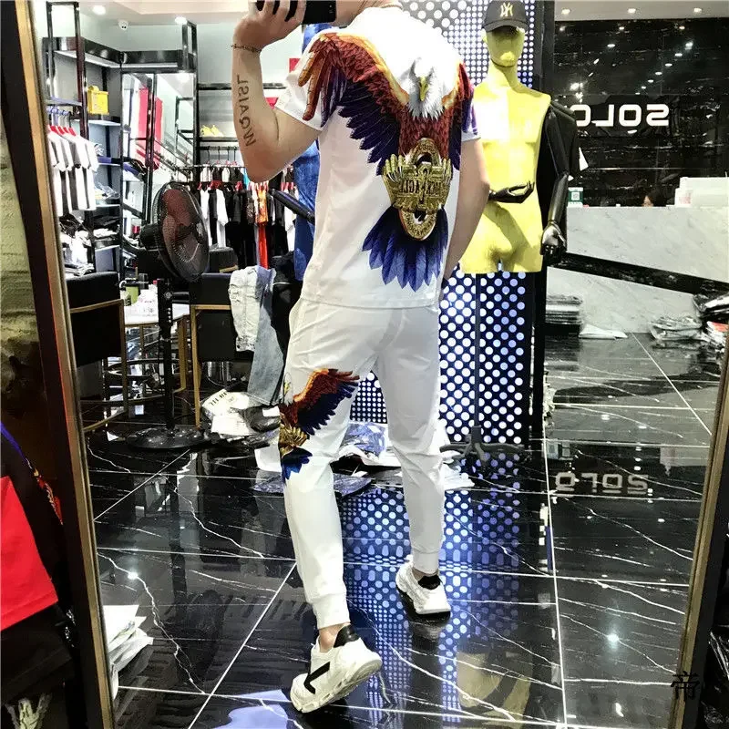 Men's Summer Suit Korean Fashion Sports and Leisure Printed Eagle Pattern Short-sleeved Tshirt Trousers Two Piece Set Large Size