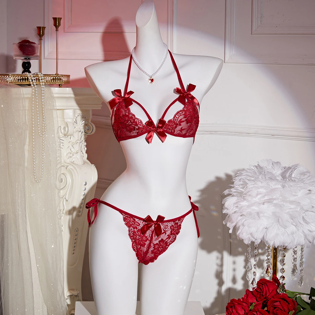 2PCS Women bow Bra Panties Set Sexy Lingeries Lace-up Strap Breathable Soft Thin Underwear
