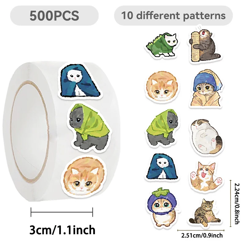 500PCS 1 롤 고양이 스티커 데칼 귀여운 밈 새끼 고양이 스티커 애완 동물 새끼 고양이 파티 비닐 스티커 장식, 재미있는 동물 데칼 라벨