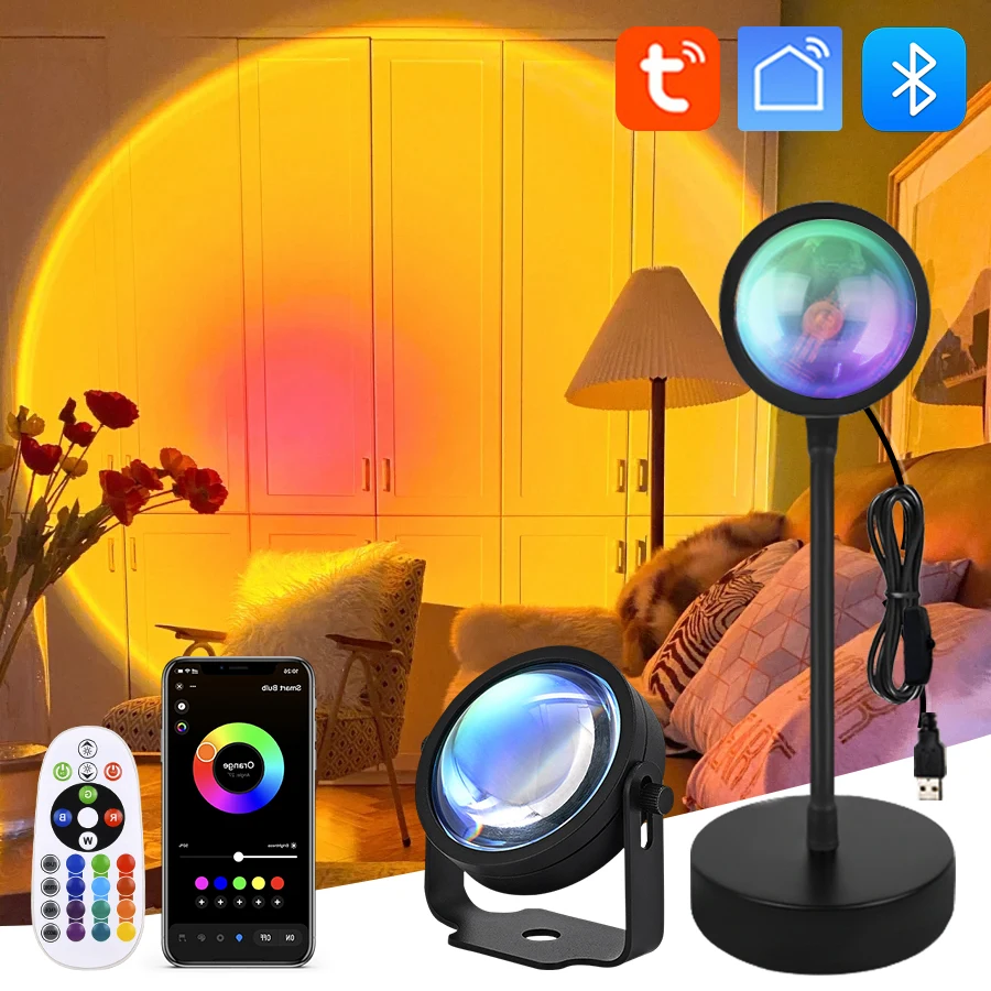 Tuya Smart Sunset Projector Lamp, RGB LED Night Light with Smart Life App & Remote for Photography, Selfie & Party Decoration