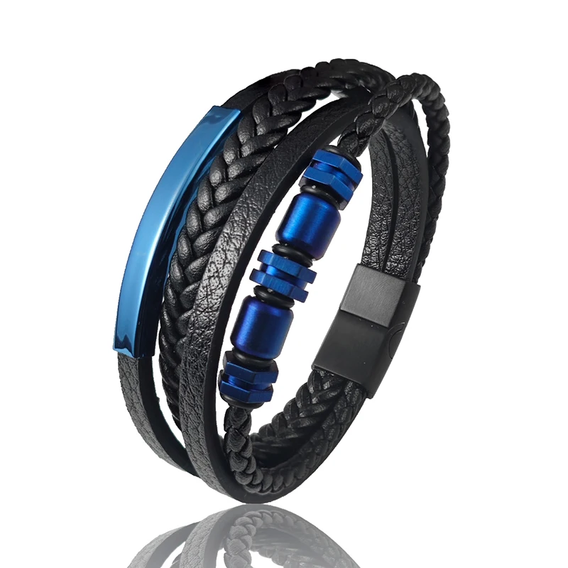 Luxuriöses blaues zylindrisches Armband aus handgewebtem Leder, mehrschichtig, Herren-Edelstahl, magnetische Schnalle, sechseckiger Schmuck, Geschenk – Detail 8