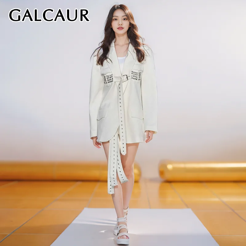 

GALCAUR Patchwork Diamond Blazers For Women Lapel Long Sleeve Spliced Lace Up Loose Solid Chic Temperament Blazer Female Fashion