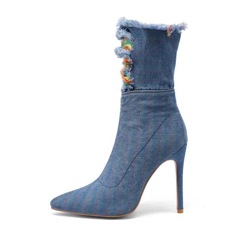 

Sexy Spring Autumn Denim Jeans Women Boots Mid-calf Pointed Toe Fashion Thin High Heel Stiletto Shoes Casual Boots Zapatos Mujer