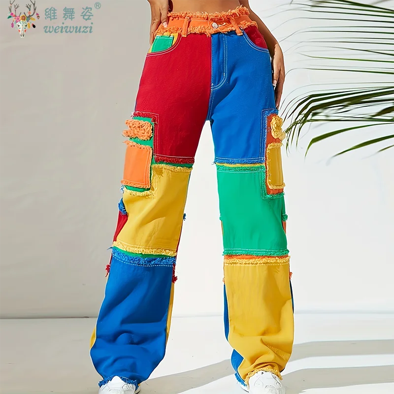 Y2K Women Colorful Jeans Distressed Hight Waist Denim Pants Loose Color-blocked Streetwear Energetic Cool HipHop Straight Jeans 4