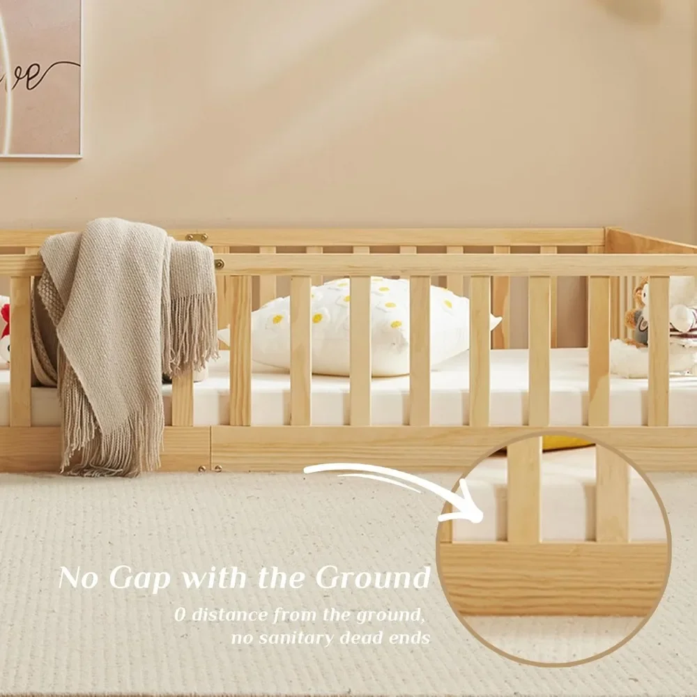 home Toddler Floor Bed with Door and Fence for Kids, Montessori Bed with 12 Slats and Safety Guardrails, Kids Bed Solid Wood 5