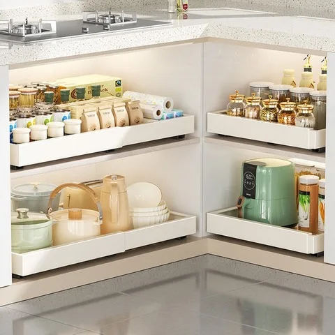 Kitchen Storage Box with Sliding Rail Pull-out Cabinet Storage Rack Spice Pantry Shelves Drawer Kitchen Organizer Basket