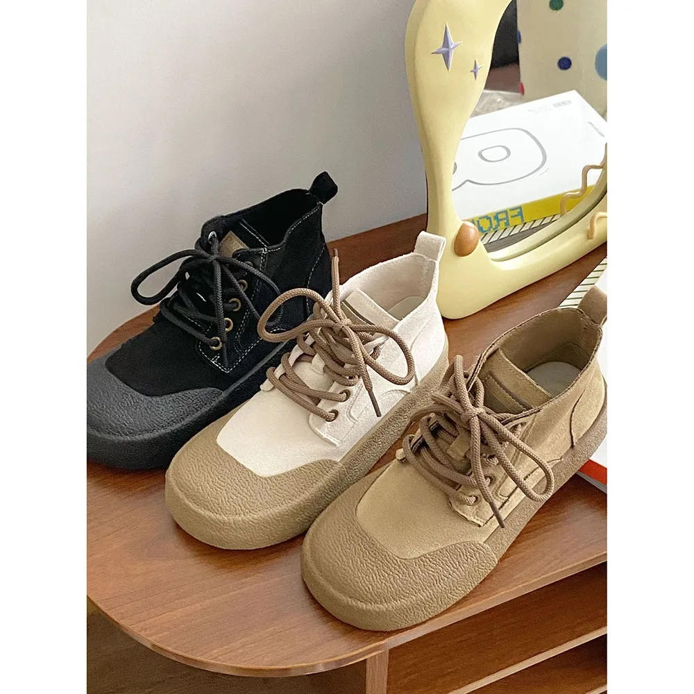 Square Head High Top Fashion Women Casual Shoes 2024 Spring New Genuine Leather High Thick Bottom Top Quality Women Shoes 24-154