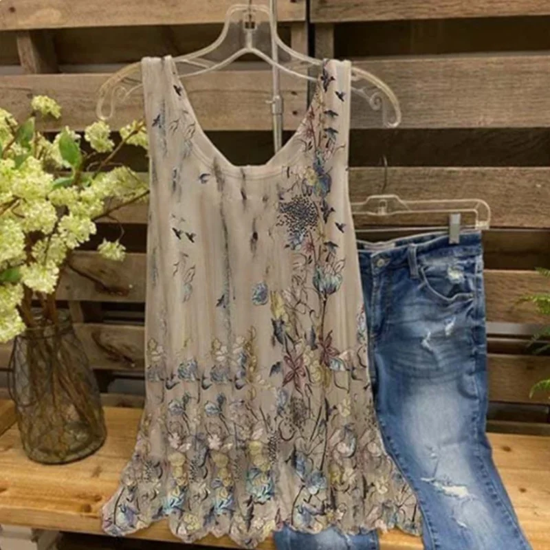 Summer New Fashion Chiffon Flower Print Top Loose Size Sleeveless Women's Top Fashion Casual Versatile Slimming Women's Style