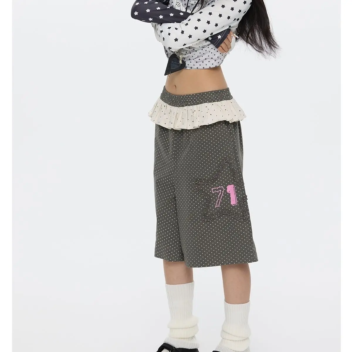 Patchwork Polka Dot Shorts for Women 2025 New Bottoms Ruffles Straight Wide Leg Pants Summer Casual Pantalones Cortos De Mujer