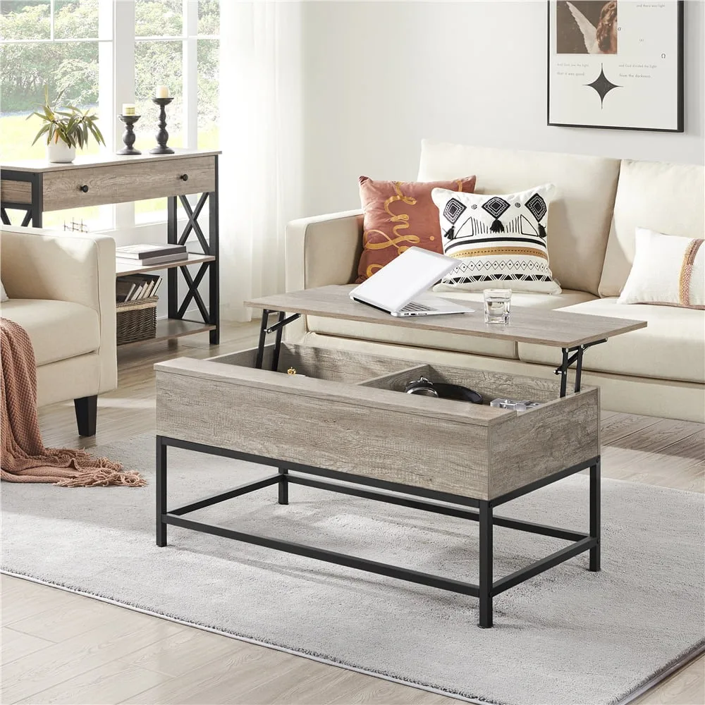 Wood and Metal Lift Top Coffee Table, Rustic Gray