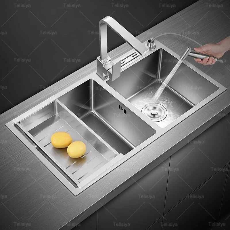 304 Stainless Steel Kitchen Sink Undermount Double Slot Apartment Household Washbasin Silver Dishwashing Sinks