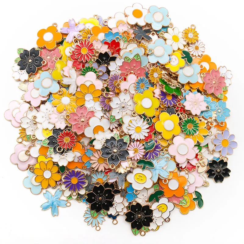 Mixed 20/30/50pcs Floral Series Flowers Charms Assorted Enamel Pendants For Jewelry Making DIY Necklace Bracelet Earrings Making