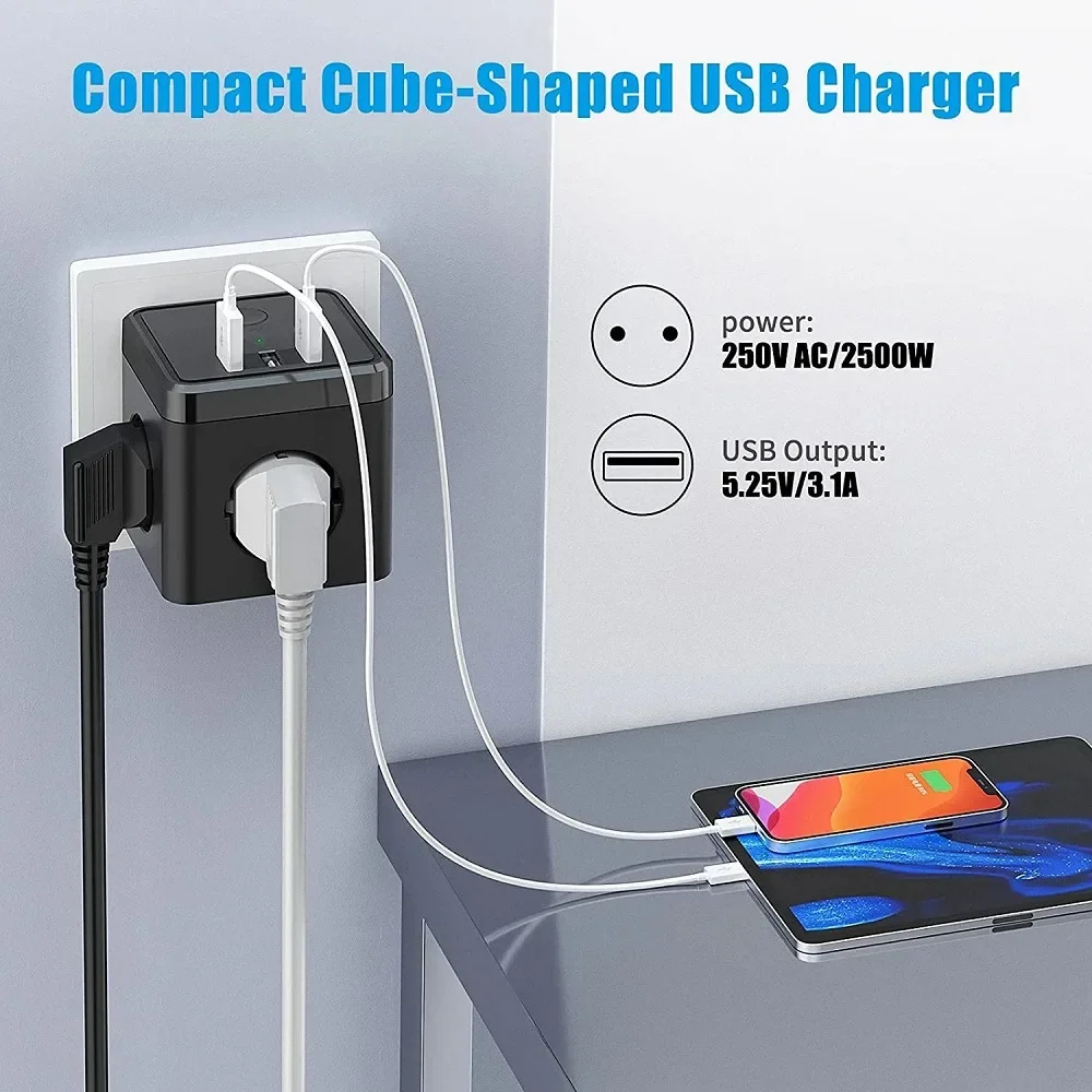 Power Strip with 2/3 USB Plug Cubic outlet with Cable Multiple Socket Switch for Office Home Travel Google Home Alexa