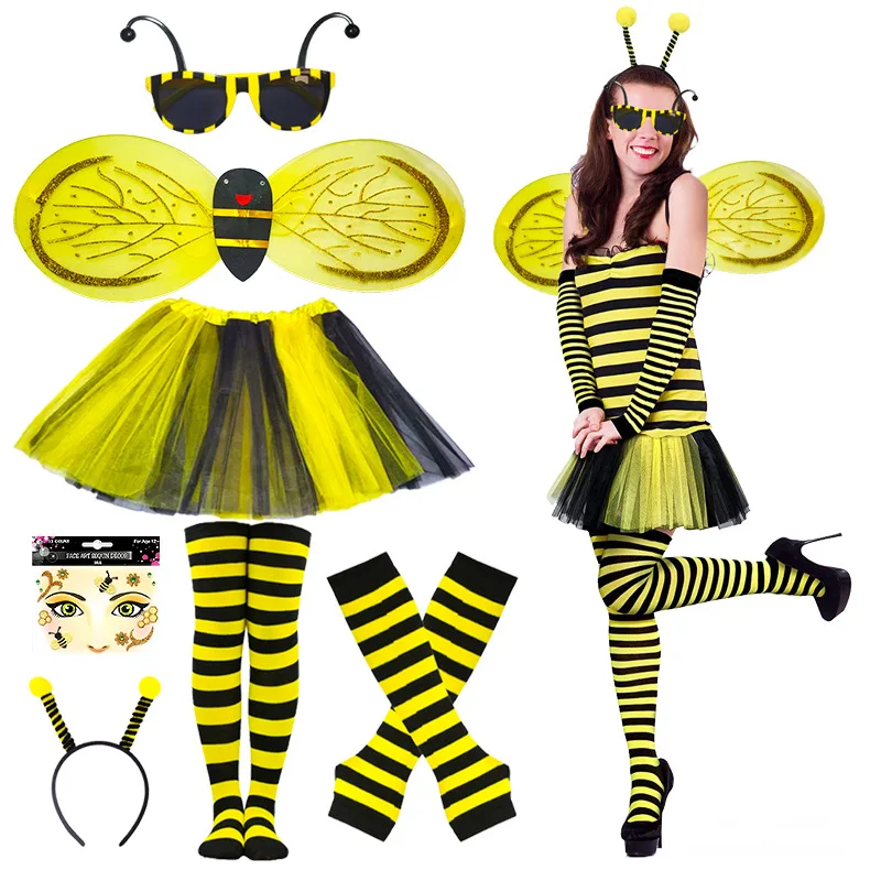 Adult Bee Costume for Children's Parties Includes Wings Headband Socks Gloves and Glasses Complete Bee Costume Set