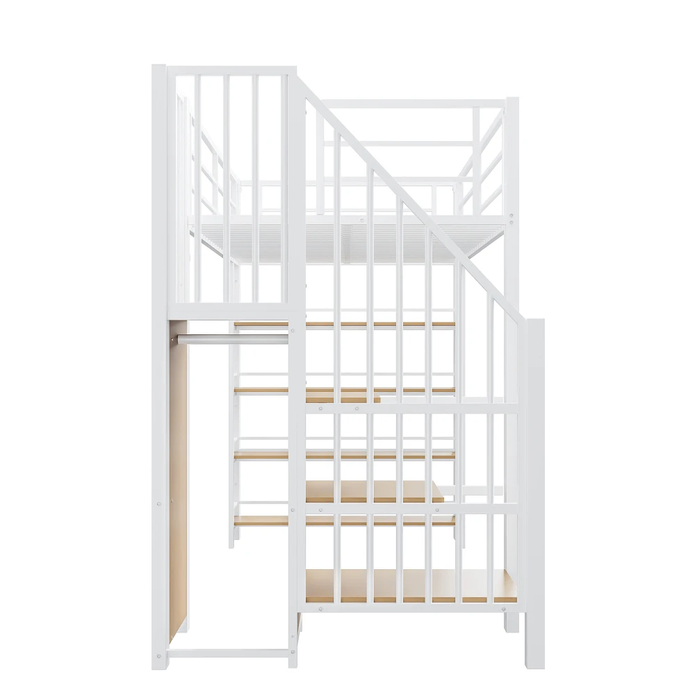 90*200cm Hochbett für Kinder, mit Sicherheitstreppe, Stauraum und kleinem Kleiderschrank, Bodeneinbaum, Hochzaun-Design, Einzelbett – Detail 23