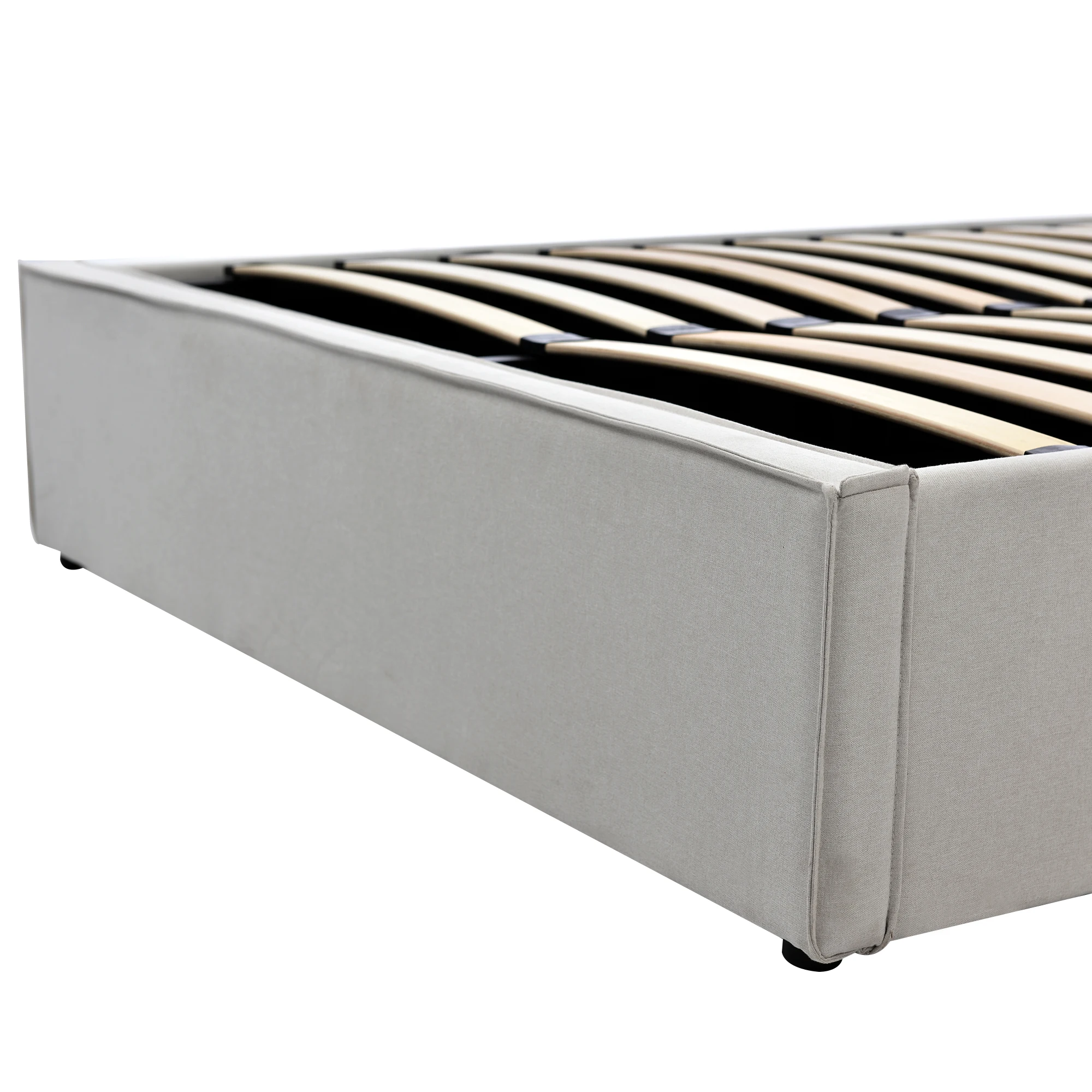 Hydraulisches Polsterbett 90x200cm mit Metalllattenrost, modernes Bett mit Stauraum, hellgrau. – Detail 23