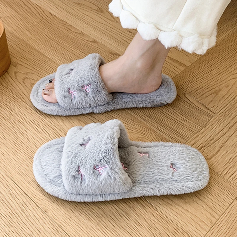 Chic Bow Embroidery Women's Fluffy Slippers Autumn Winter Open Toe Home Cotton Slippers Women Soft Sole Non Slip House Shoes