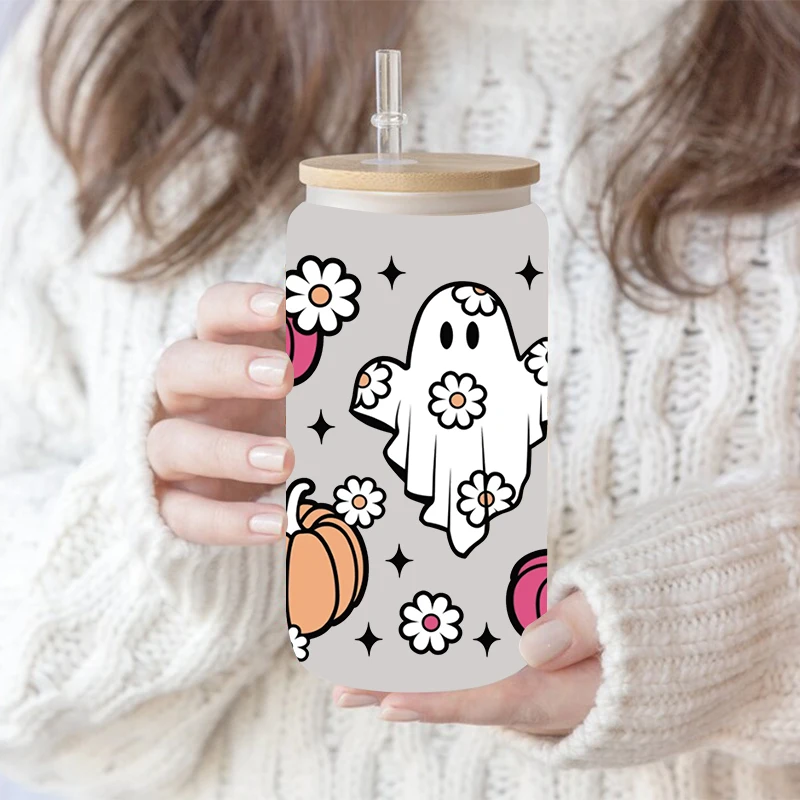 Halloween Spooky UV DTF Cup Wrap Transfers Stickers Waterproof 16oz Glass Wrap D5534
