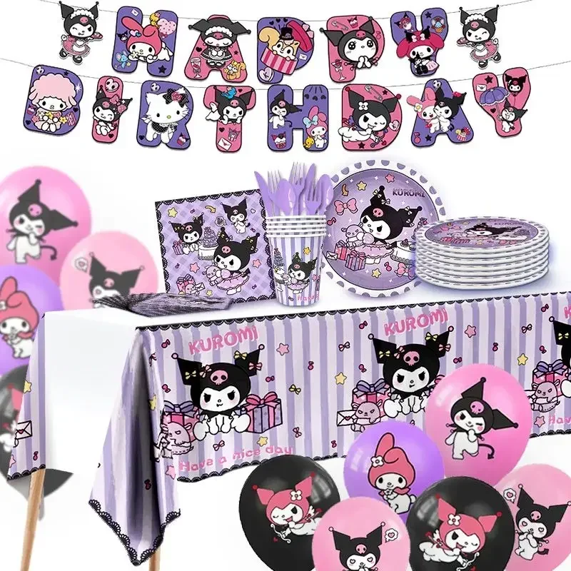 

Sanrio Kuromi Kawaii Festival Theme Disposable Tablecloths Girls Children Birthday Layout Party Dessert Table Decoration