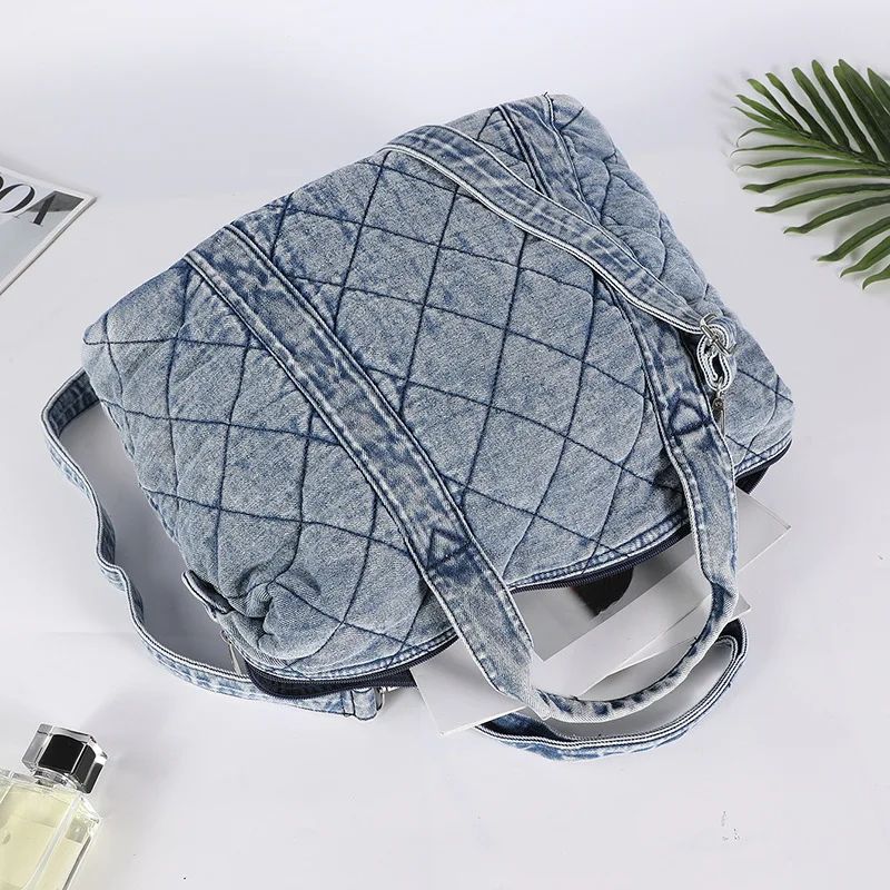 Large Capacity Tote Bags For Women Luxury Designer Handbags And Purses 2025 New In Denim Cloth Embroidery Rhombus Chain Shoulder