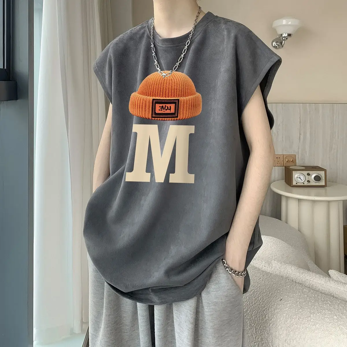 

New suede vest men's summer trendy brand loose heavyweight sleeveless t-shirt American retro sports waistcoat top t-shirt y2k