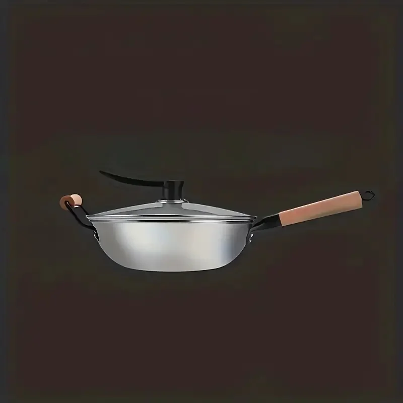 

1pc, Woks & Stir-Fry Pans With Wood Handle And Glass Cover , Griddle, Chef's Pans, Non-Stick Skillet, For Gas Stove Top And Indu