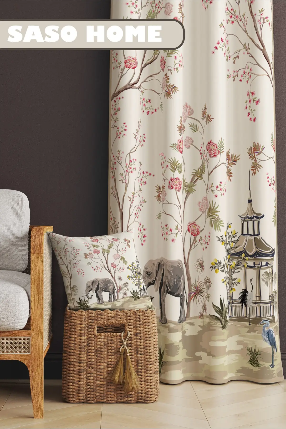 

Curtain Cream Elephant And Roses Patterned 140 X 270 Cm Digital Printed Velvet Background Single Sash