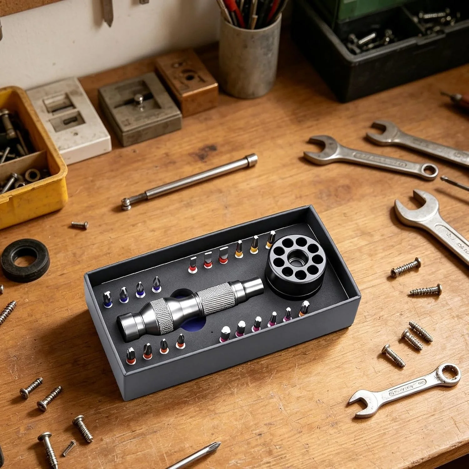 22-Piece Magnetic Precision Screwdriver Bit Set with Ergonomic Handle and Storage Base