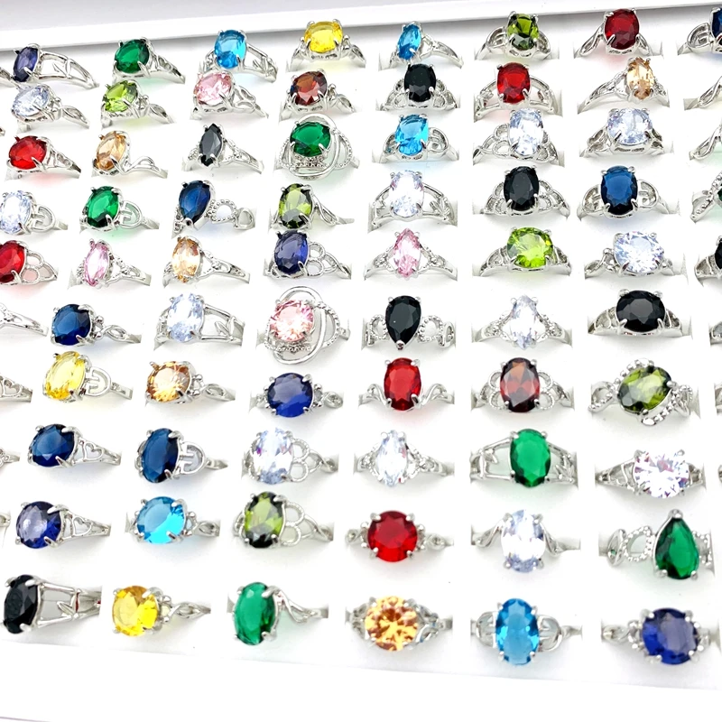 20/30/50/100pcs Rings For Women Silver Plated Multicolor Crystal Zircon Stone Fashion Jewelry Party Gift Wholesale Lot 6