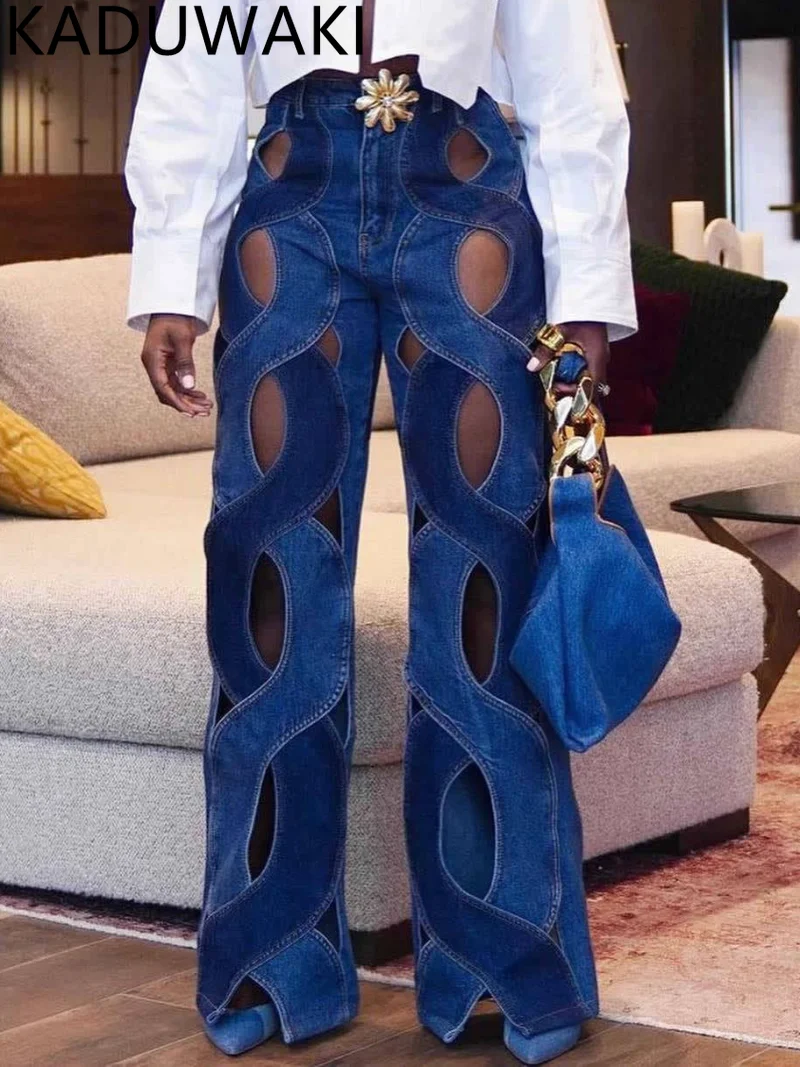 

Streetwear Hollow Out Jeans for Women Casual Criss Cross Straight Flare Denim Pants 2023 INS Fashion Wide Leg Jeans Trousers