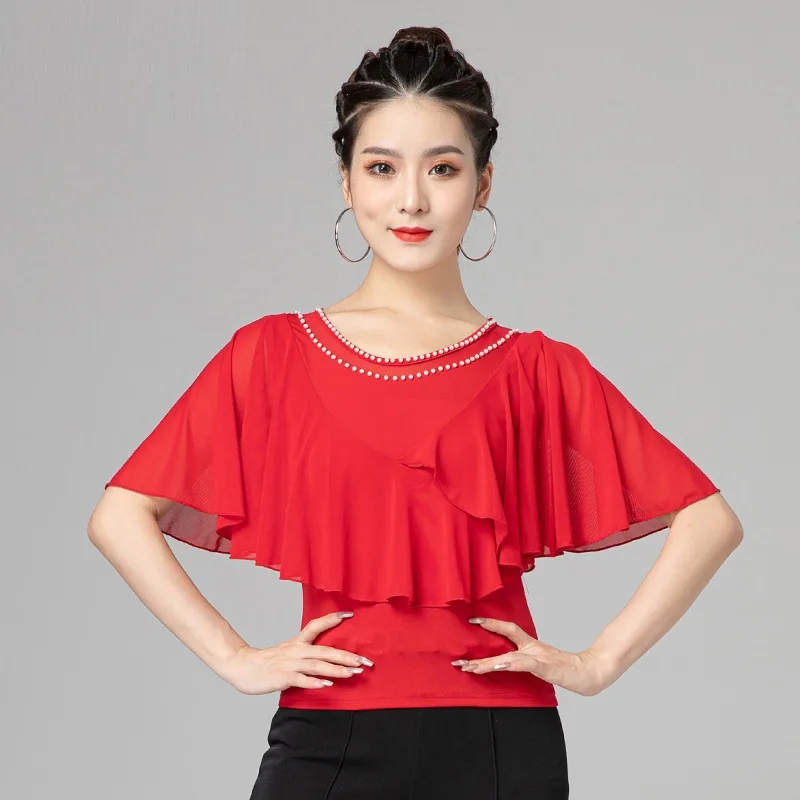 

X143 Latin Dancer Blouse Adult New Modern Dancing Shirt Waltz National Standard Dance Lotus Leaf Top Training Clothes Pearl Suit