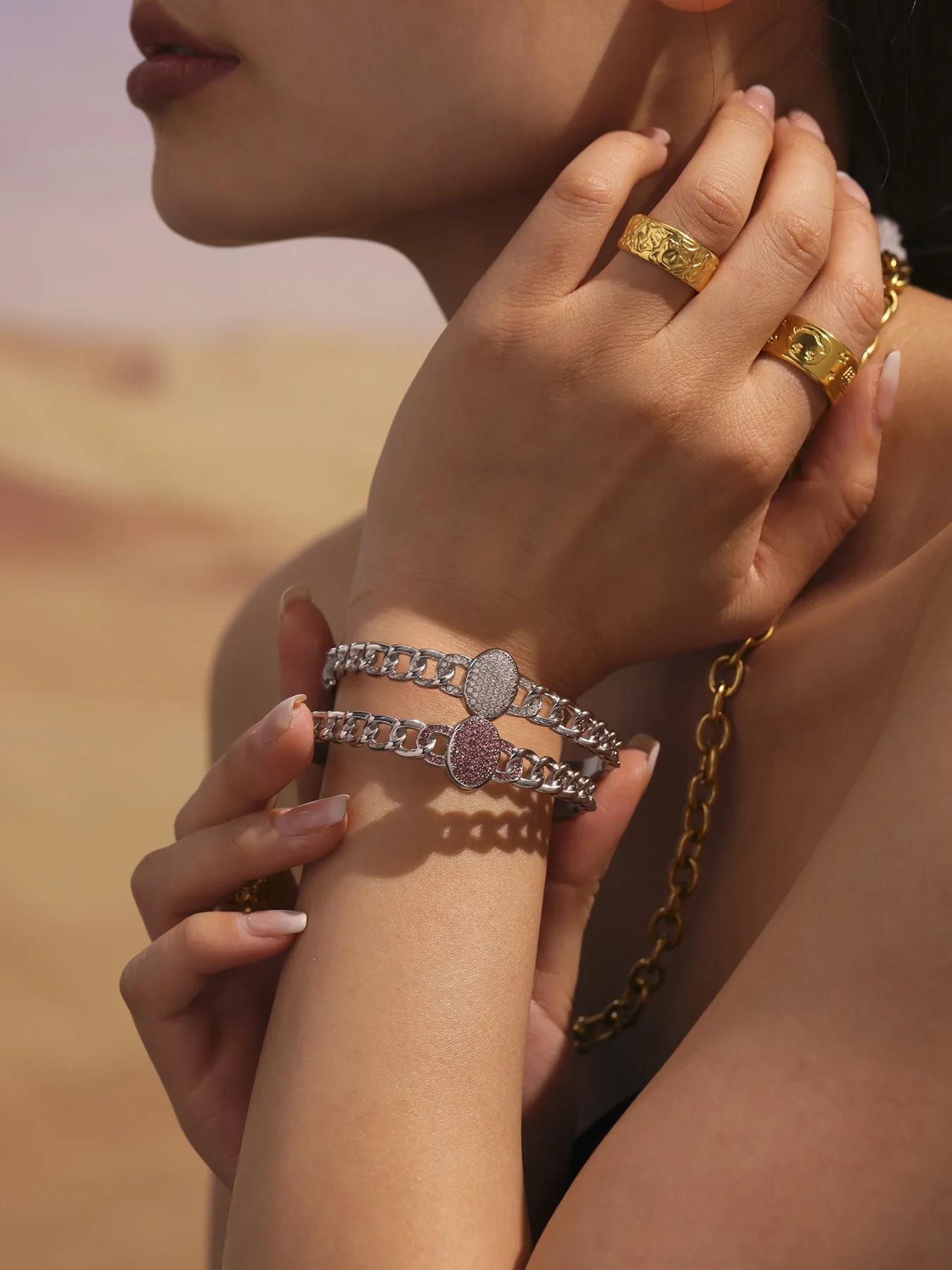 Weiß-Rosa Zirkonia Luxus-Armband Hochwertiges Edelstahl 18K Vergoldetes Paar-Armreif Wasserfester Schmuck – Detail 6