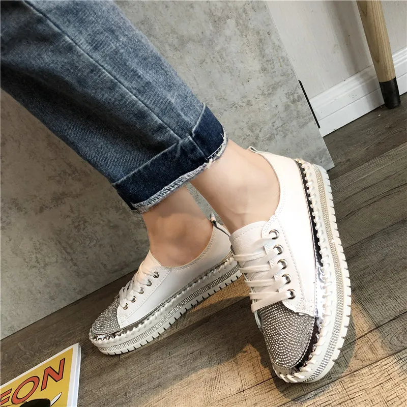Lucyever Women Crystal Flat Shoes Autumn Fashion Bing Lace Up Ladies Casual Shoes Comfortable Round Toe Platform Sneakers