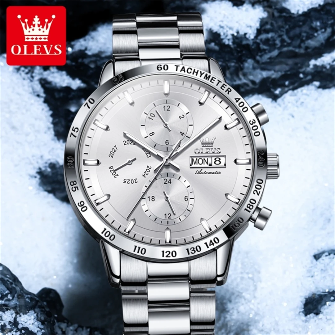 OLEVS 6683 Sport Mechanical Watch Gift Round-dial Stainless Steel Watchband Week Display Calendar Small second