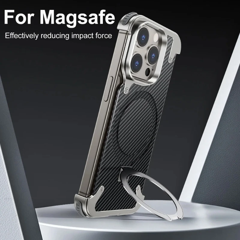 For iPhone 15 14 Pro Max Case Magnetic Magsafe Phone Holder Metal aluminum alloy Carbon Fibre Anti-Collision protection cover