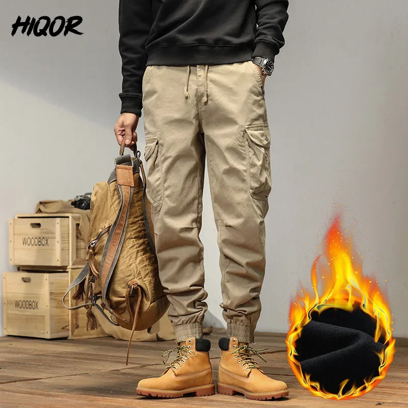 HIQOR New Cargo Pants Men Winter Man Y2k Harem Tactical Pants for Men Outdoor Fleece Multi-Pockets Cotton Casual Trousers