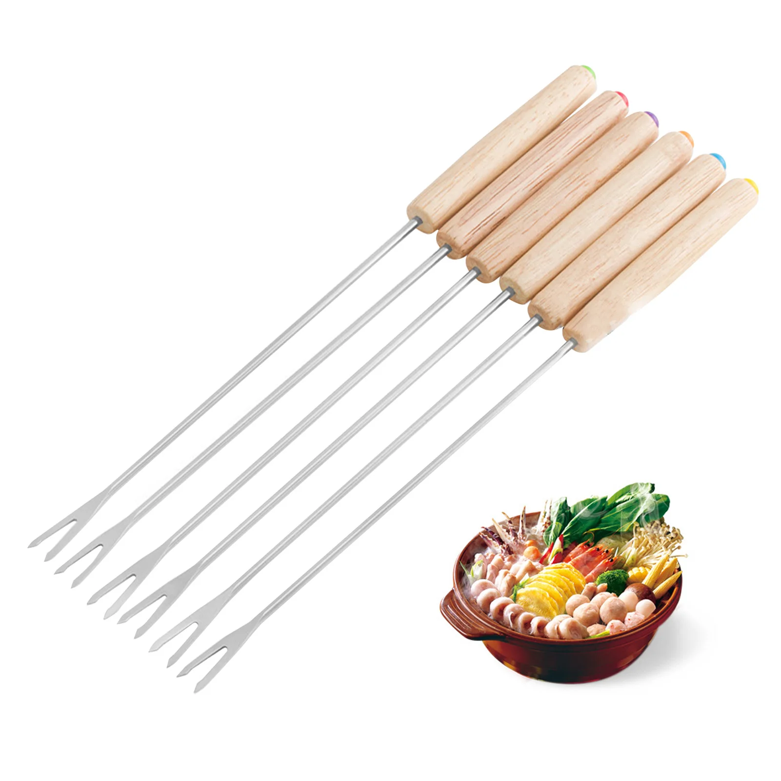 6pcs Stainless Steel Fondue Forks Cheese Fondue Sticks Smore Sticks with Wooden Handle Heat Resistant for Chocolate Cheese