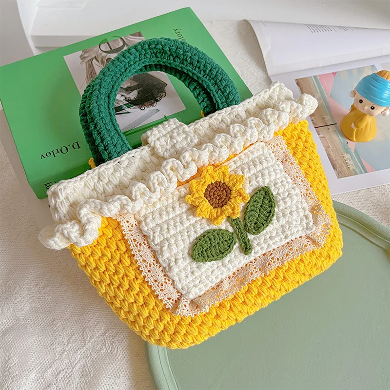 Hand Woven Sunflower Tote Handbag DIY Wool Woven Retro Lady Crochet Bag -  AliExpress