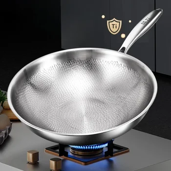 Pure Titanium Round Bottom Wok Uncoated Non-stick Pan Can Be Used in Concave Induction Cooker, Household Stir-frying