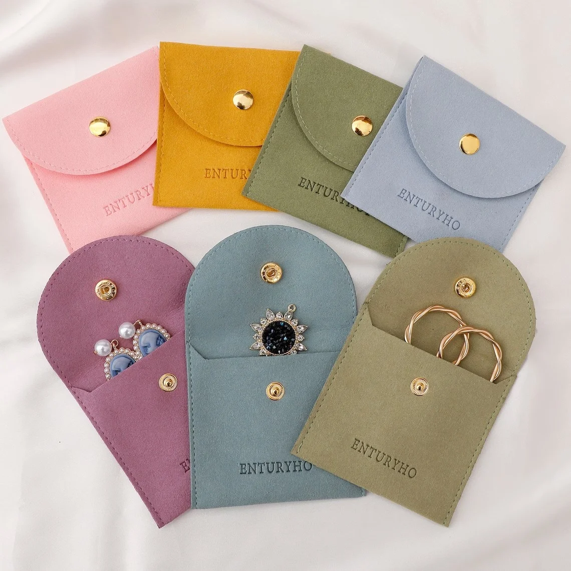 

50/100pcs Custom Logo Microfiber Snap Button Jewelry Bag Ring Earrings Wedding Gift Packaging Wholesale Christmas Present Pouch