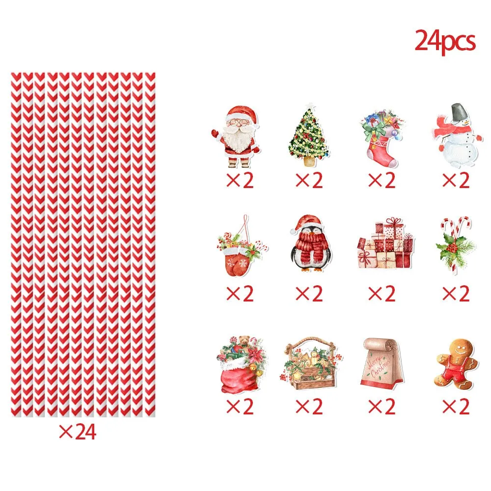 24pcs Christmas Decorative Straw New Party Decoration Snowman Water Cup Beverage Household Disposable Decoration Straw Supplies