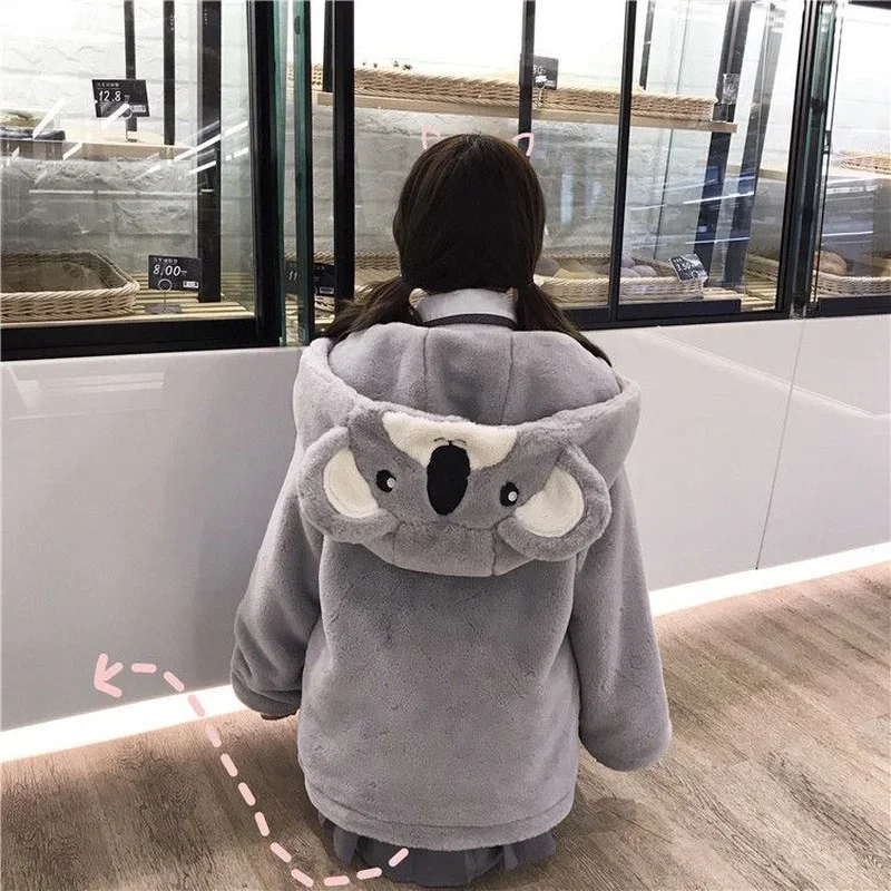 

Sweet Koala Coats Autumn Winter Zipper Coat Sweet Hooded Kawaii Harajuku Loose Pocket Hoodies Womens Fleece Flannel Female 2024