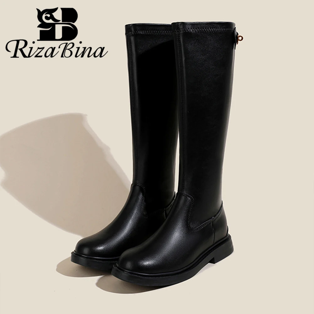 

RIZABINA Size 35-43 Women Knee High Boots Real Leather Chunky Heeled Buckle Wide Calf Boots 2023 Winter Warm Zipper Long Boots