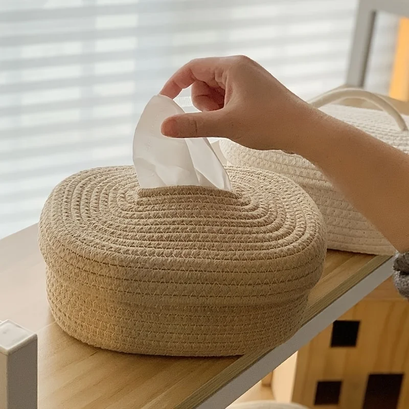 1 Stück handgewebter Stoff-Taschentuchbox-Halter – stilvoll, leicht, waschbar, multifunktionale Aufbewahrung für Gesichtstücher, Servietten zu Hause – Detail 7