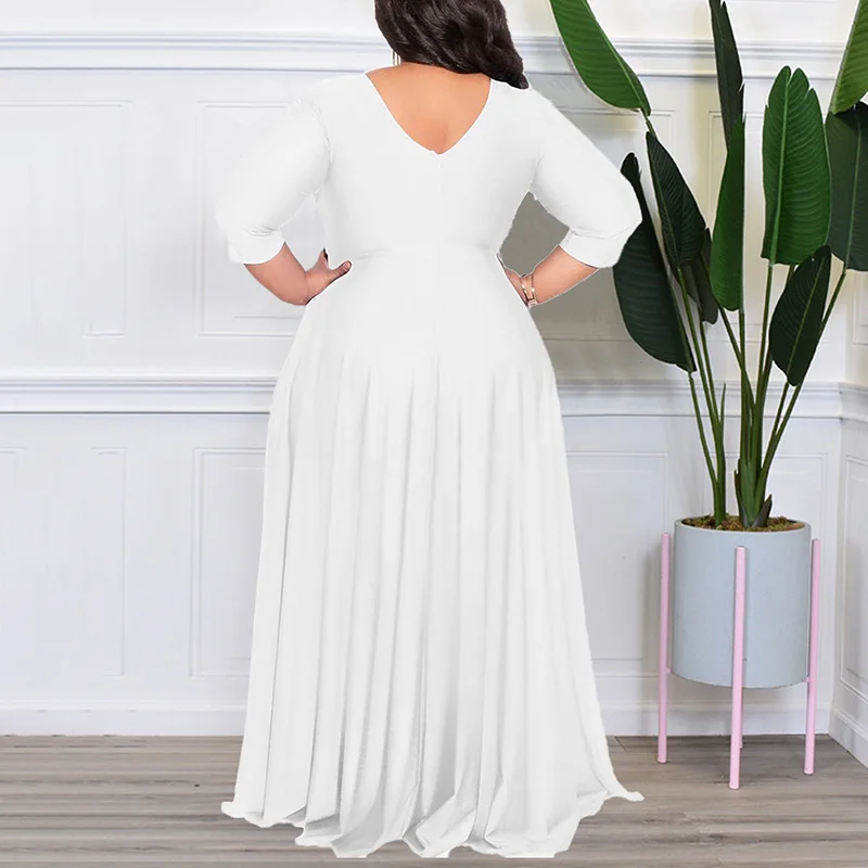 Evening Party Sexy Solid Color V-Neck High Waist Three Quarter Sleeve Pullover Maxi Princess Dress Plus Size Women's Clothing
